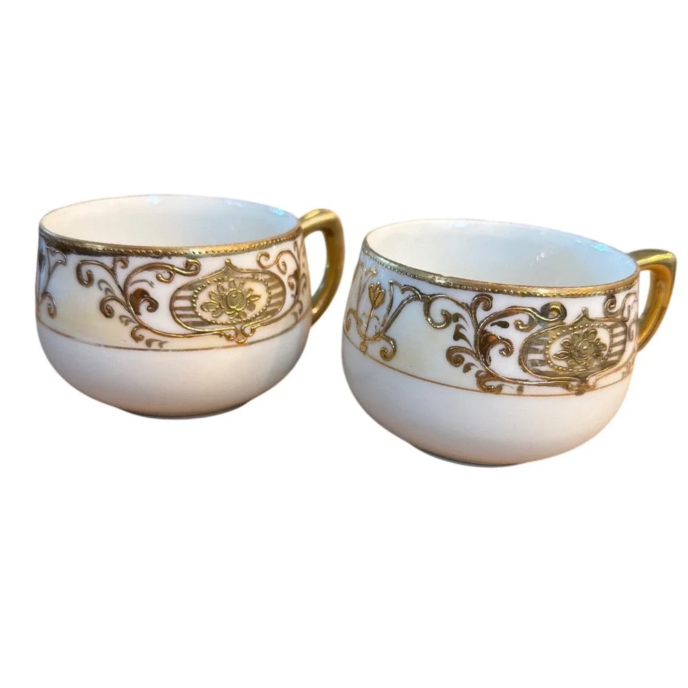 Vintage Hand Painted Japan Gold Moriage Tea Cups Pair Crown Mark Antique 1920s